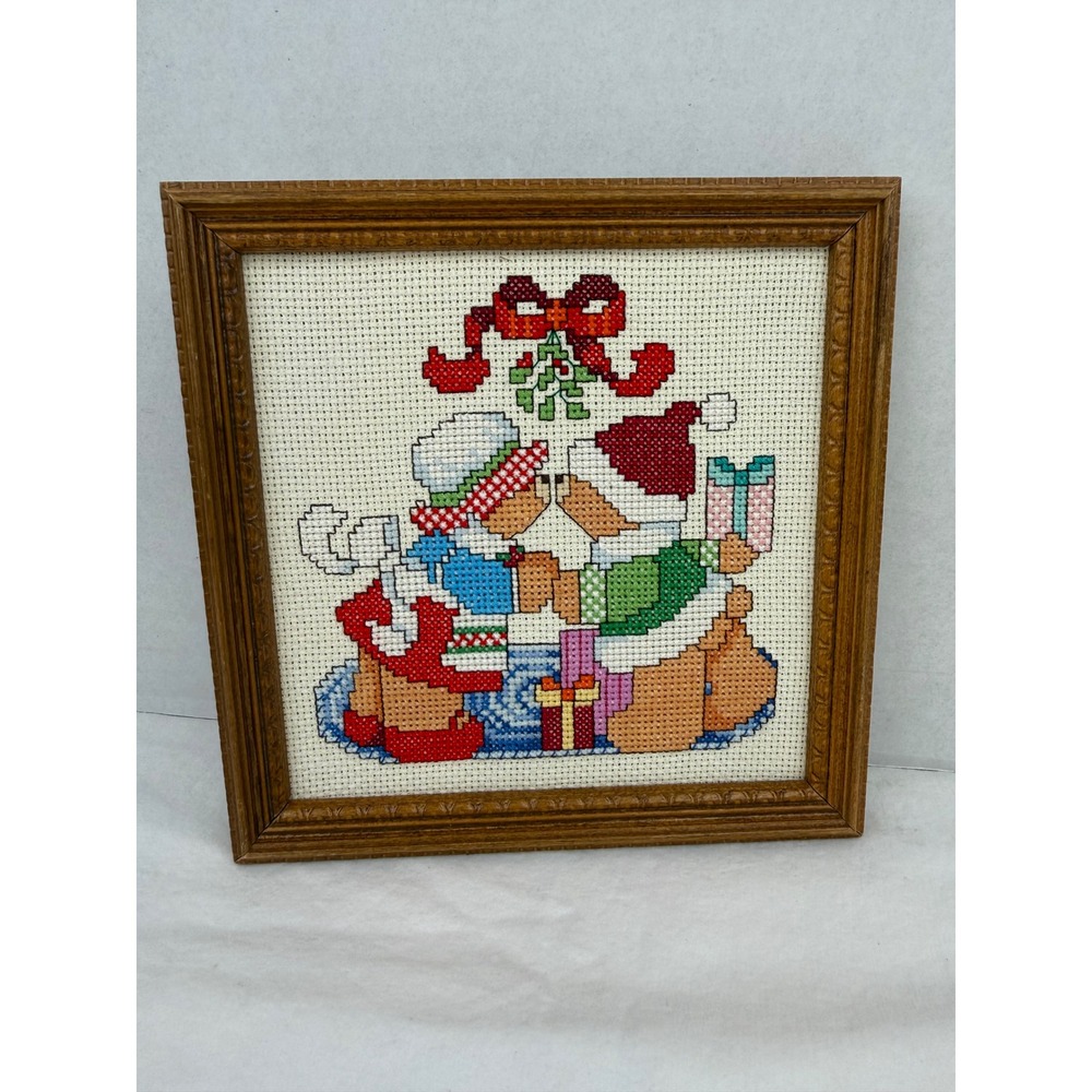 Vintage‎ 90' Granny Cottage Christmas Teddy Bears Cross Stitch Framed Art 7x7